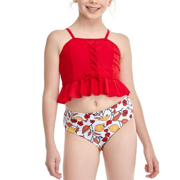 Fesfesfes Girls Summer Swimsuits Casual Cute Floral Print Double Ruffle Sling Swimwear Beach Swimsuits Split Two-Piece Bikini Sets