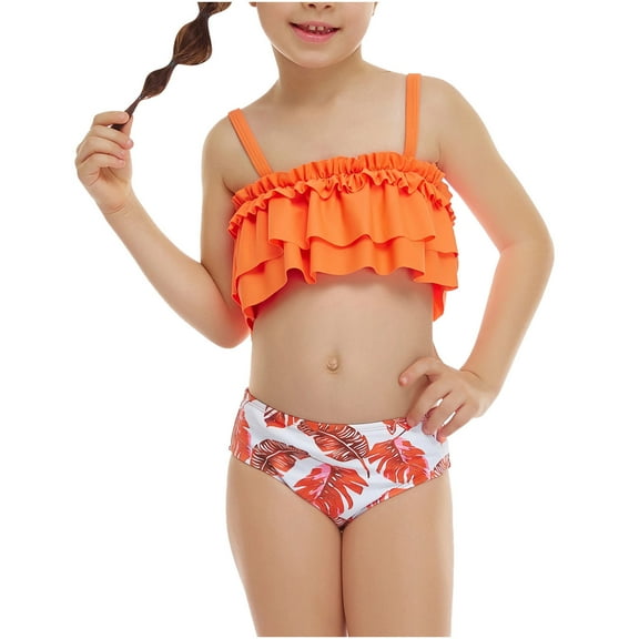 Fesfesfes Girls Summer Swimsuits Casual Cute Floral Print Double Ruffle Sling Swimwear Beach Swimsuits Split Two-Piece Bikini Sets