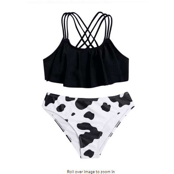 Fesfesfes Girls' Summer Swimsuits Cute Cow Floral Print Bikini Set Crisscross Back Swimsuit Outfit Beach Wear Bathingsuit