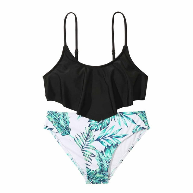 Fesfesfes Girls Summer Swimsuits Cute Cow Floral Print Bikini Set Split ...