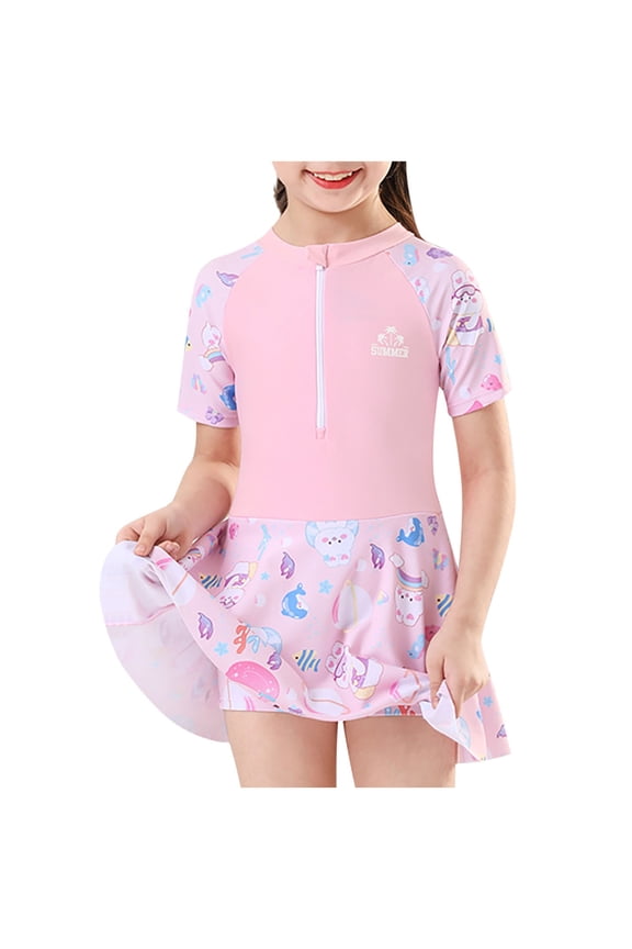 Girls' Sun Protection Fashion Zipper Long Sleeve Pullover Swimsuits for Young and Middle-Aged Children 6-11 Years Lightweight for Every Summer Wear(Pink#4,10 Years)