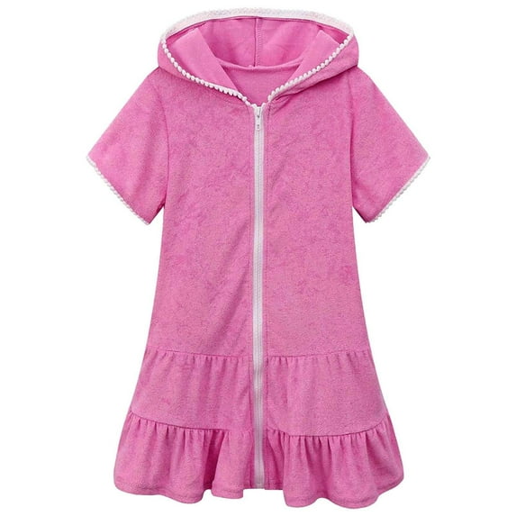 Fesfesfes Girls Swim Cover Ups Kids Fashion Zip Up Beach Swimsuit Coverup Hooded Dress 1-11 Years Kids Beach Pool Bathing Suit Wraps(Pink#1,3-4 Years)