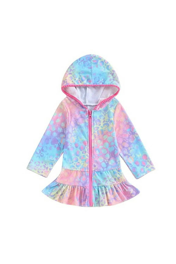 Girls Swim Cover Ups Kids Terry Zip Up Beach Swimsuit Coverup Hooded Dress with Long Sleeves 1-6 Years Cute Cover Ups Ruffle Bathing Suit(Multicolor,1 Years)