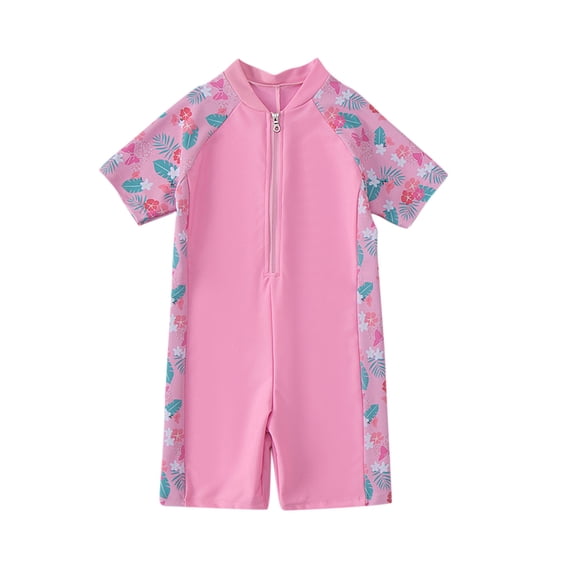 Fesfesfes Girls Swim Suits Cute Floral Print Kids Girl Bathing Suit 3-11Years Short Sleeve Half Zip Rash Guard Swimsuit Comfortable Summer Outfit(Pink,9 Years)
