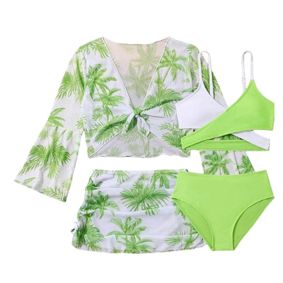 Fesfesfes Girls Swimsuit 4-Piece Pullover Rash Guard UPF 50+ Long Sleeve Shorts Set Cover Up Bathing Suit Size 8-12 Years Two Piece Set