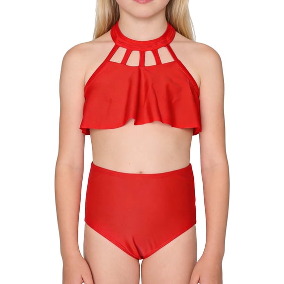 Fesfesfes Girls Two Piece Bikini Swimwear Set Quick Dry Comfortable Swim Suit for Kids Beach Pool Play Youth Active Wear Modest Rash Guard UV Protection Outfit(Red#1,9-10 Years)