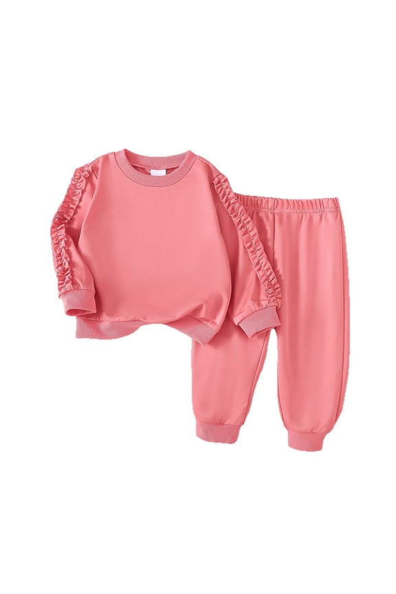 Girls Two Piece Outfit Long Sleeve Top and Pants Set Casual Playwear Toddler Solid Color Pullover and Elastic Waist Joggers Soft Kids Homewear Matching Set(Watermelon Red,2-3 Years)