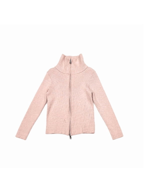 Girls Two-Way Zip Turtleneck Knit Cardigan, High Neck Open Front Jacket for School Daily Wear, Casual Fall Winter Outerwear for Kids 2-15 Years
