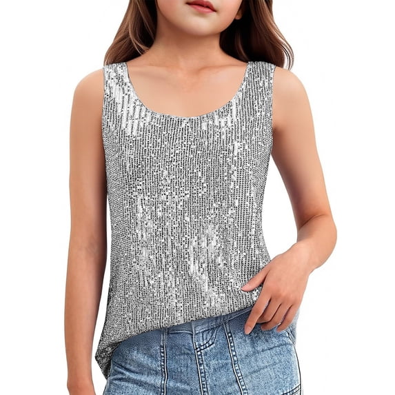 Fesfesfes Girls Undershirts Kids Glitter Party Sleeveless Tank Top Solid Color Birthday Celebration Shirt for Girls Spring Summer Casual Tee
