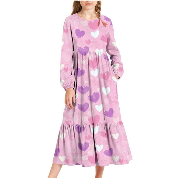 Fesfesfes Girls Valentine Heart Print Long Sleeve Round Neck Dress with Side Pocket Casual Comfortable Cute Holiday Outfit for Kids Toddler Youth 4-15 Years(Multicolor,4-5 Years)