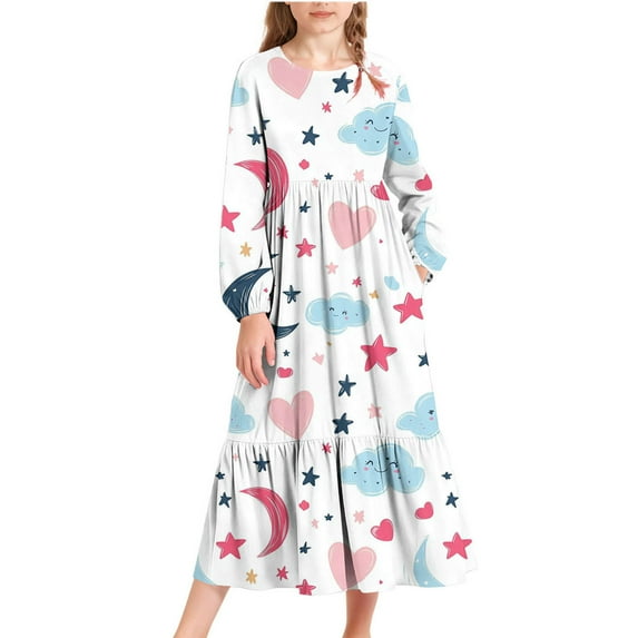Fesfesfes Girls Valentine Heart Print Long Sleeve Round Neck Dress with Side Pocket Casual Comfortable Cute Holiday Outfit for Kids Toddler Youth 4-15 Years(Pink#2,6-7 Years)