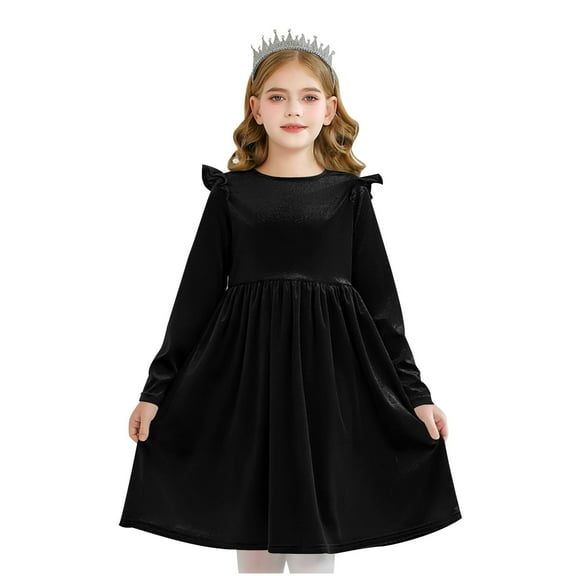 Fesfesfes Girls Velvet Princess Dress Round Neck Long Sleeve Ruffled Party Dress for Birthday Performance Holiday Formal Occasion Casual Spring Fall Outfit(Black,5-6 Years)