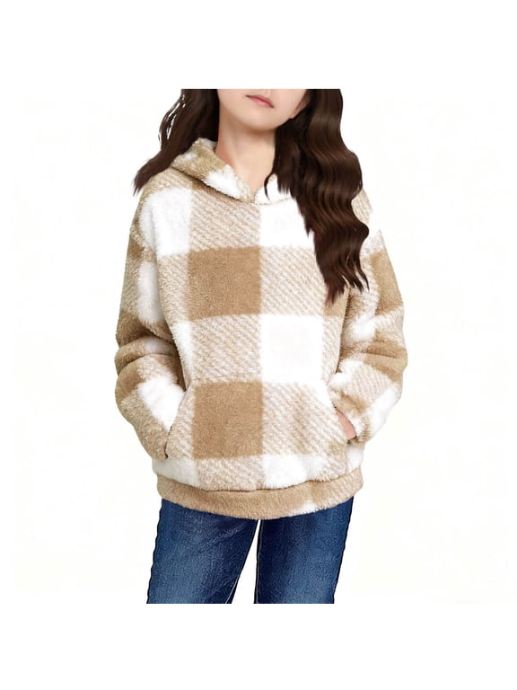 Girls Warm Flannel Double Faced Hooded Jacket Long Sleeve Round Neck Tops with Pockets Soft Casual Winter Wear for Daily Travel Holiday Outfits(Khaki,9 Years)