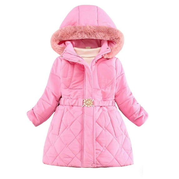 Fesfesfes Girls Warm Winter Jacket with Hood Thicken Long Coat for Cold Weather Soft Lined Zipper Closure Kids Outerwear Pocket for Outdoor Play Holiday(Pink,3 Years)