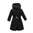 thumbnail image 1 of Fesfesfes Girls Winter Warm and Thick Hooded Puffer Jacket Solid Color Mid Length Coat with Detachable Hood Belted Waist Outwear for Casual Outerwear(Black,12 Years), 1 of 5
