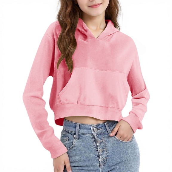 Fesfesfes Girls Zip Up Cropped Hoodie Long Sleeve Casual Jacket with Pockets Pullover Sweatshirt for Teens Youth Kids Fall Winter Fashion Outerwear Active Wear(Pink#2,11-12 Years)