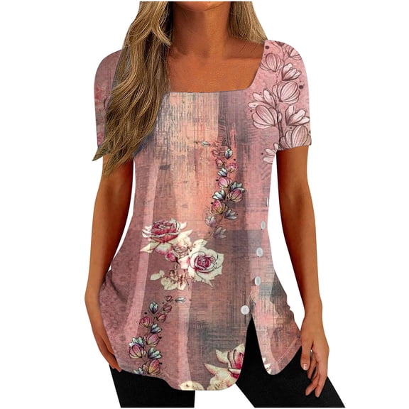 Fesfesfes Gym Shirt Fashion Womens Casual Printed Square Neck Short Sleeve Buttons Tops Loose Blouses Women Clothing 4(S)