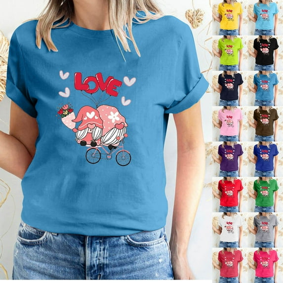Fesfesfes Gym Shirts Women's Valentine's Day Love Printed Short Sleeved T-shirt Top Short Sleeved Round Neck Top/Shirt Women Essentials L(US:8)