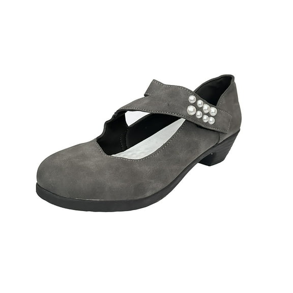 Fesfesfes High Heels Large Round Toe Medium Thick Heeled Womens Hollow TAPE Pearl Fashion Versatile Shoe 6(37)