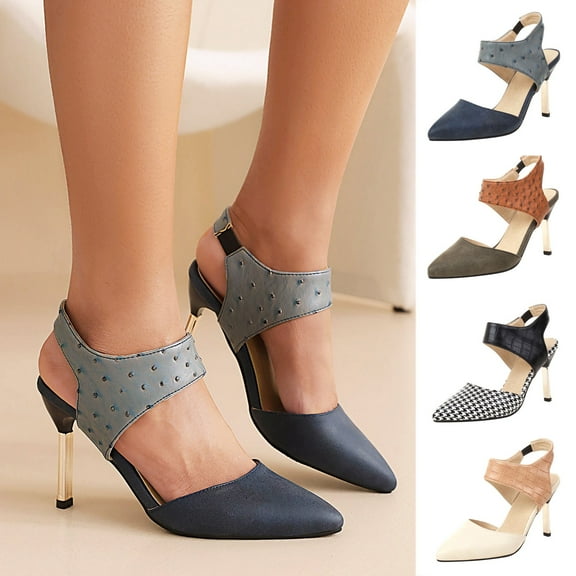 Fesfesfes High Heels Women's Shoes Elastic Band Sandals Super High Heel Pointed Toe Casual Plaid Stilettos 4.5(35)