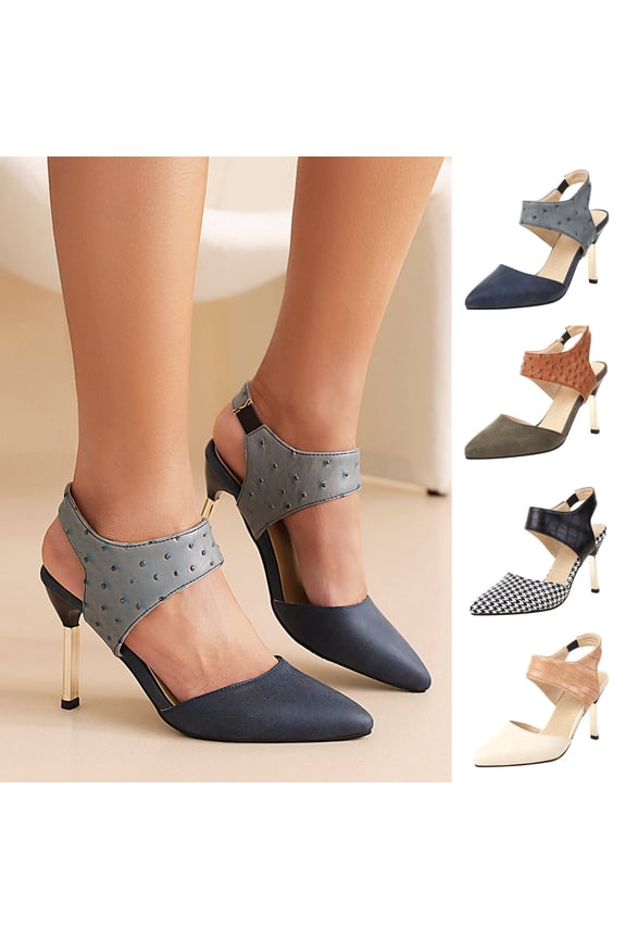 High Heels Women's Shoes Elastic Band Sandals Super High Heel Pointed Toe Casual Plaid Stilettos 7(39)