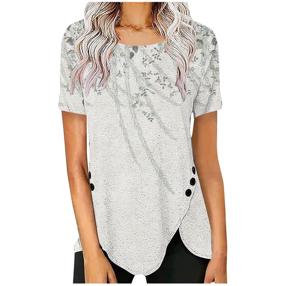 Fesfesfes Hiking Shirts Women Casual Buttons Printed Short Sleeve Round Neck Pullover Blouse T-shirt Tops 4(S)