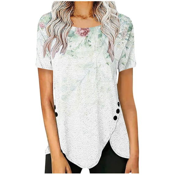 Fesfesfes Hiking Shirts Women Casual Buttons Printed Short Sleeve Round Neck Pullover Blouse T-shirt Tops 6(M)