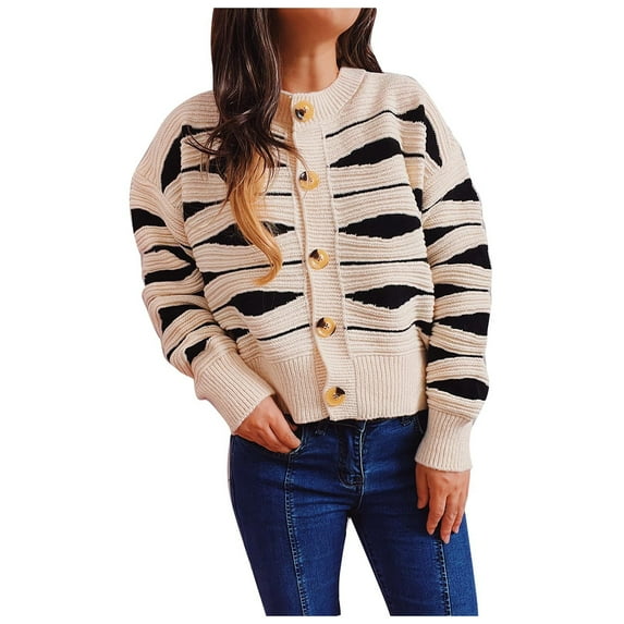 Fesfesfes Hoodie Shacket for Women Casual Irregular Stripe Contrast Color Single Breasted Crewneck Cropped Cardigan Sweater Jacket