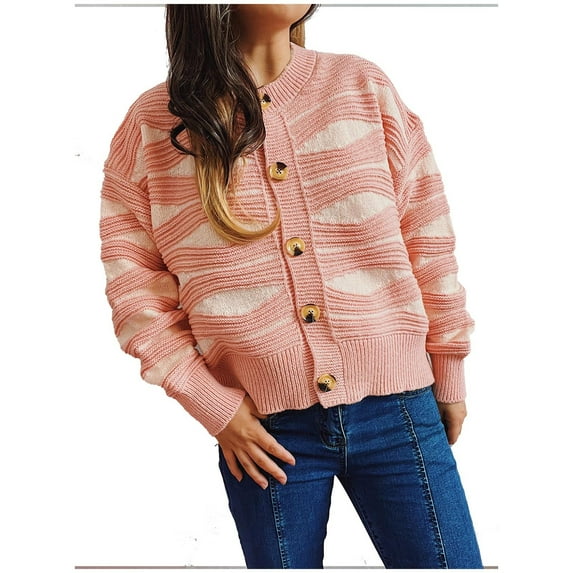 Fesfesfes Hoodie Shacket for Women Casual Irregular Stripe Contrast Color Single Breasted Crewneck Cropped Cardigan Sweater Jacket