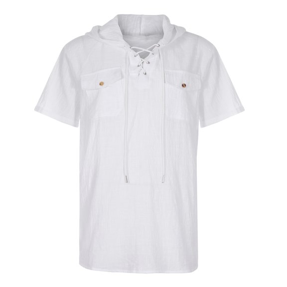 Fesfesfes Hoodies For Men V-Neck Cotton Linen Shirt Double Pocket Workwear Shirt Solid Color Hooded Shirt