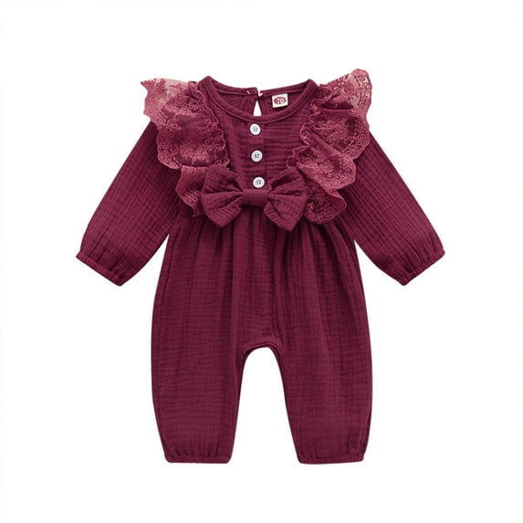 Fesfesfes Infant Baby Bodysuit Girls Long Sleeve Solid Bow Romper Jumpsuit