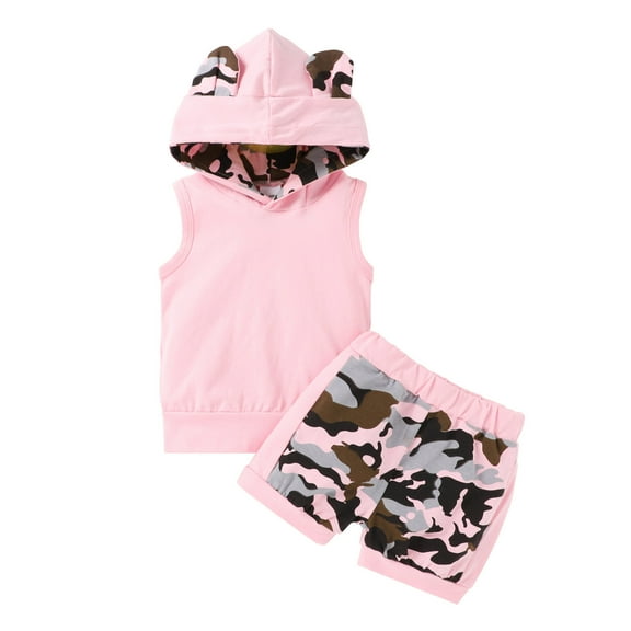 Fesfesfes Infant Baby Girls Sleeveless Camouflage Sweatshirt Hooded Shorts Outfits Set