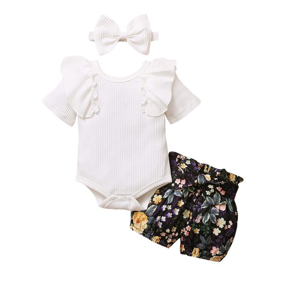 Fesfesfes Infant Infant Onesies for Baby Girl Matching Outfits Short Sleeve Onesie Floral Shorts Sets Bow Headband Sister Clothes