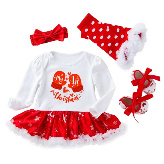 Fesfesfes Infant Newborn Onesies Baby Girls Princess Letter Tutu Dress Set Christmas Outfits Four-piece Suit Summer
