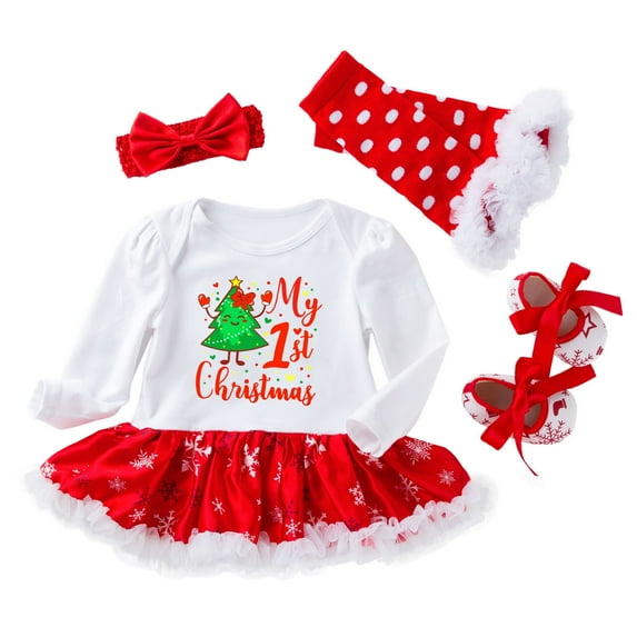 Fesfesfes Infant Newborn Onesies Baby Girls Princess Letter Tutu Dress Set Christmas Outfits Four-piece Suit Under 10$