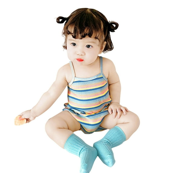 Fesfesfes Infant Onesie Baby Girls Sleeveless Rainbow Striped Print Suspender Romper Bodysuit Summer Saving Sale
