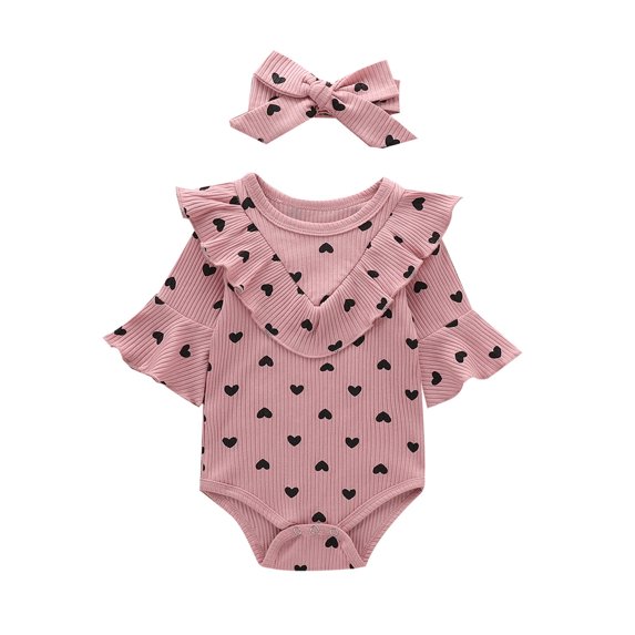 Fesfesfes Infant Onesie Baby Girls Valentine's Day Hearts Print Ruffles Romper Bodysuit+Headbands