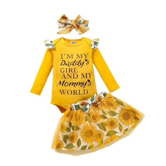 Fesfesfes Infant OnesiesKids Girls Ruffle Net Yarn Letter Print Short Skirt Bow Three-piece Set