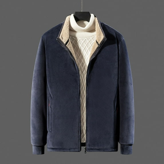 Fesfesfes Jacket for Men's Casual Lamb Fleece Jacket Stand Collar Long Sleeve Zipper Pocket Solid Tops Plus Fleece Coath On Sale