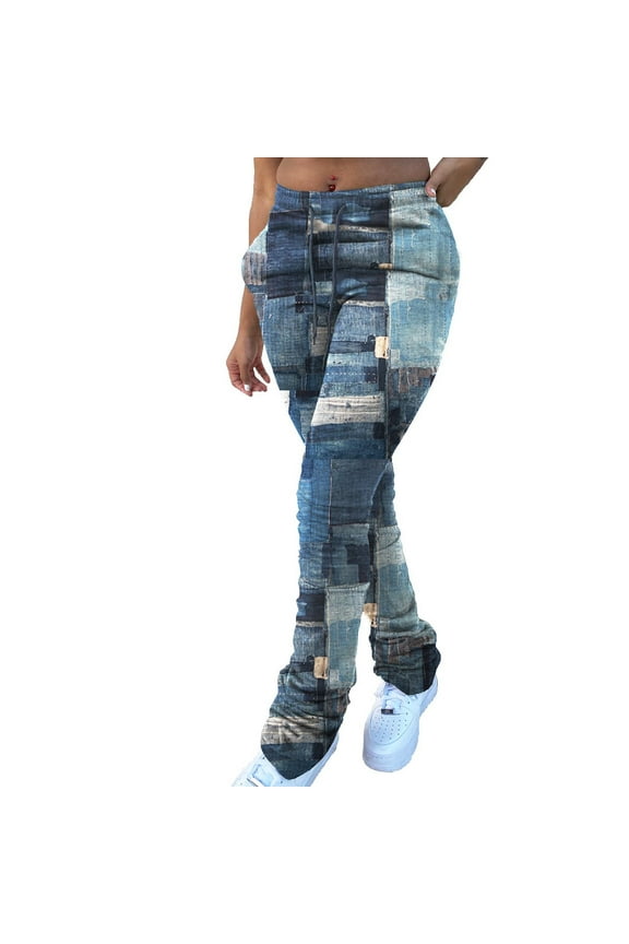 Jeans for Women Casual Jeans Print Trousers Strap Long Pocket Pant