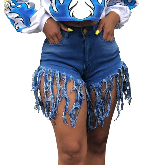 Fesfesfes Jeans for Women Slim Sexy High Waist Short Jeans Tassel Denim Regular Pants
