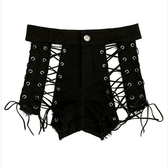 Fesfesfes Jeans for Women Solid Color High Waist Hollow Out Frenulum Nightclub Jeans Ultra Shorts