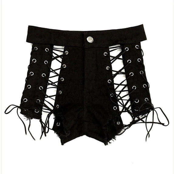 Fesfesfes Jeans for Women Solid Color High Waist Hollow Out Frenulum Nightclub Jeans Ultra Shorts