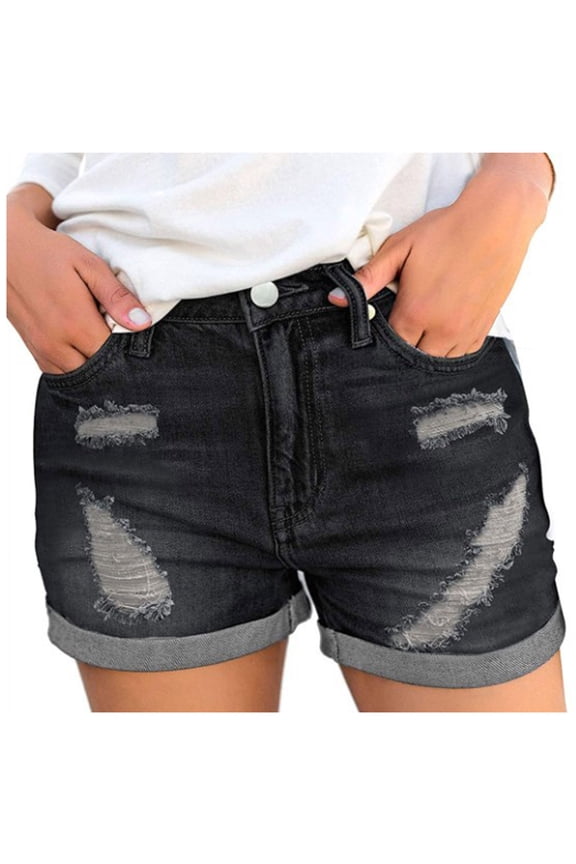 Jeans for Women Solid Denim Shorts Pokets Hole Casual Zipper Fringe Jeans Pants