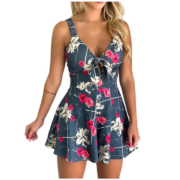 Fesfesfes Jumpsuit for Women Bandage Backless V-Neck Sleeveless Casual Printing Short Jumpsuit