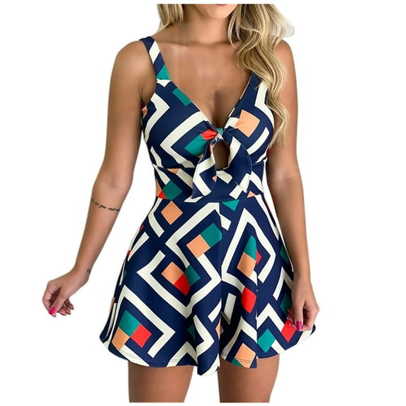 Fesfesfes Jumpsuit for Women Bandage Backless V-Neck Sleeveless Casual Printing Short Jumpsuit