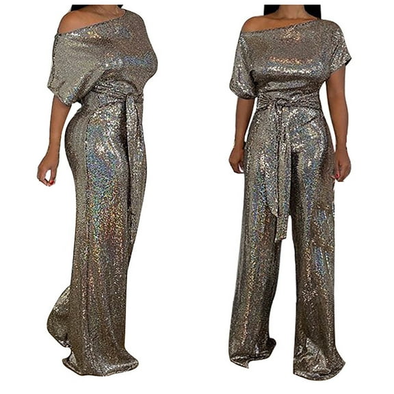 Fesfesfes Jumpsuit for Women Banquet Evening Dress Elegant Off Shoulder Colorful Bright Jumpsuit