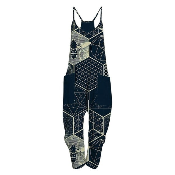Fesfesfes Jumpsuit for Women Casual Boho Print Pocket Romper Long Playsuit Strap Sleeveless Jumpsuit