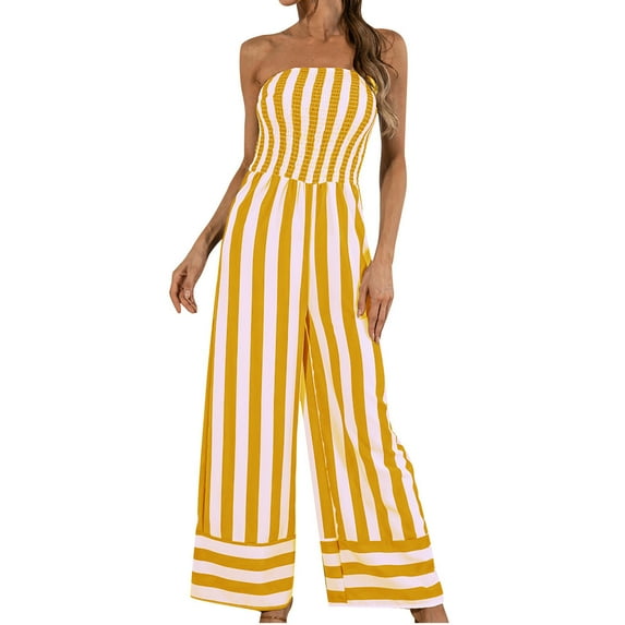 Fesfesfes Jumpsuit for Women Casual Sexy Strapless Stripe Printing Loose Rompers Jumpsuit