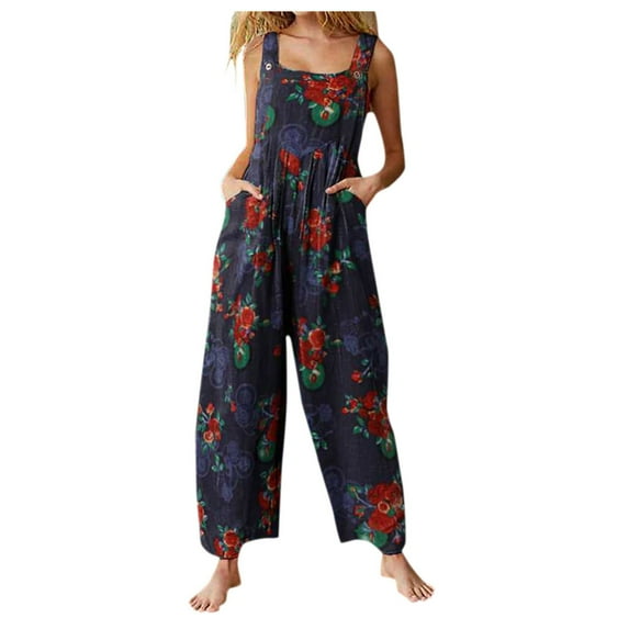 Fesfesfes Jumpsuit for Women Floral Prints Straps Wide Leg with Pockets Vintage Jumpsuit
